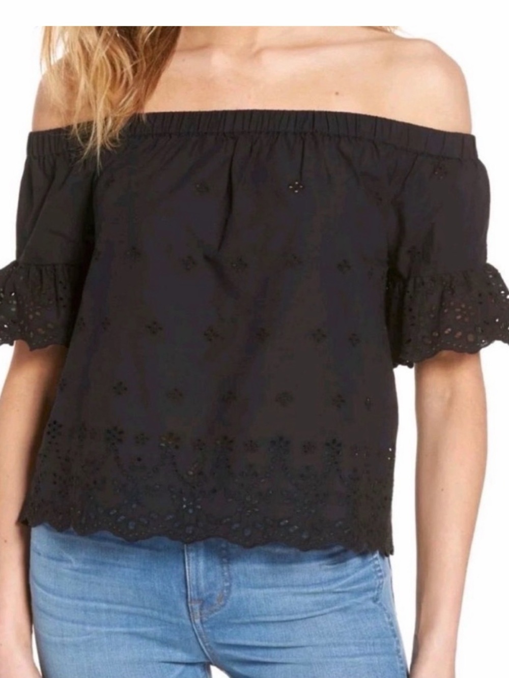 Madewell Women’s Black Off-Shoulder Eyelet Cropped Blouse, XS